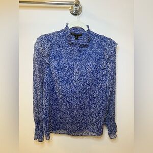 Banana Republic Smocked Ruffle Blouse M | Blue Print High Neck NWT